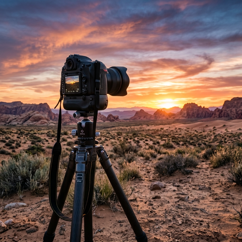 DSLR camera in desert landscape